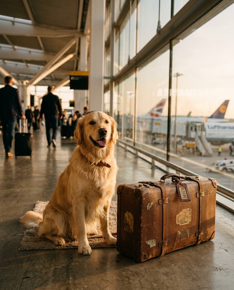 A golden retriever sitting beside a suitcase at an airport terminal