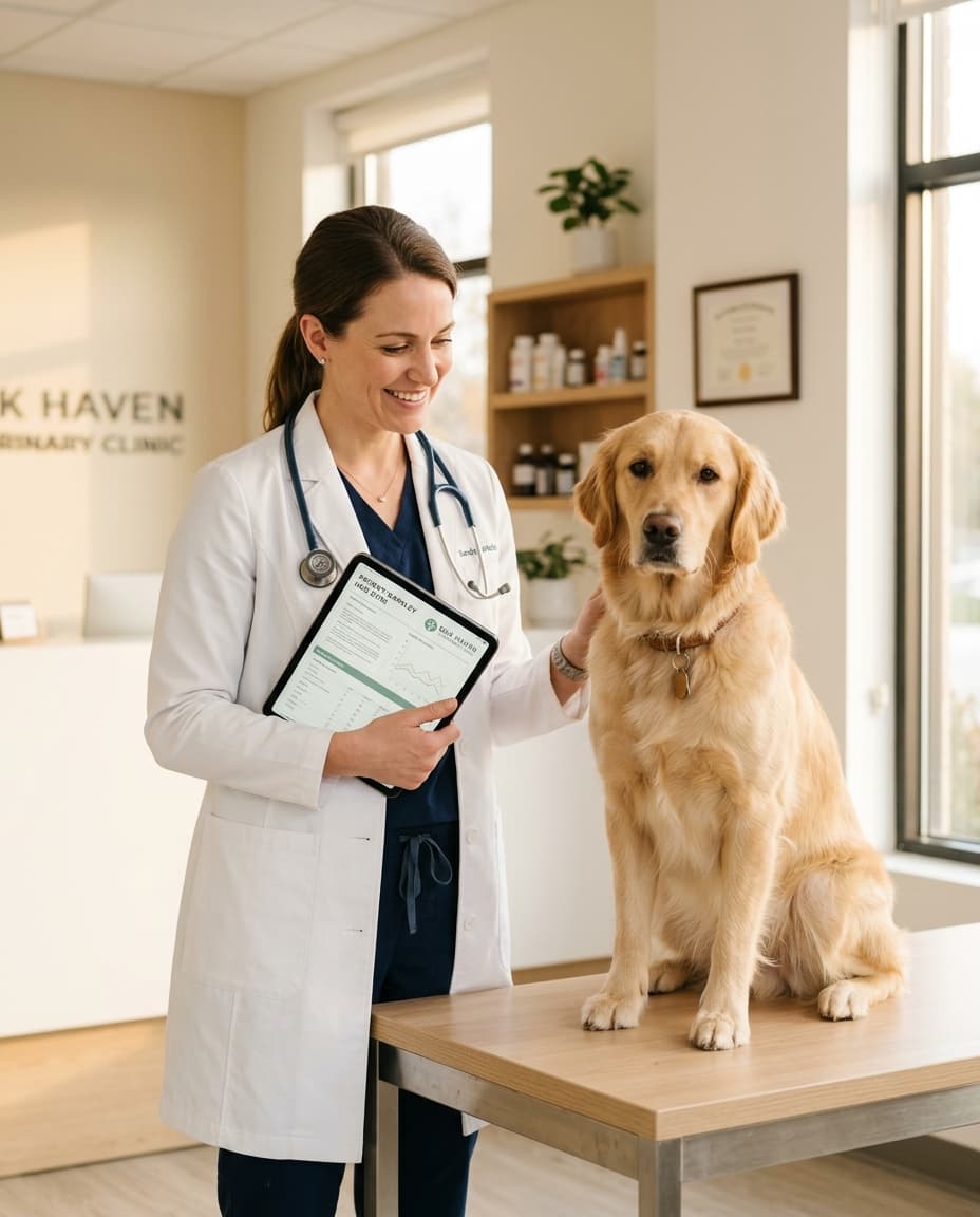 Veterinarian reviewing health documents with a golden retriever